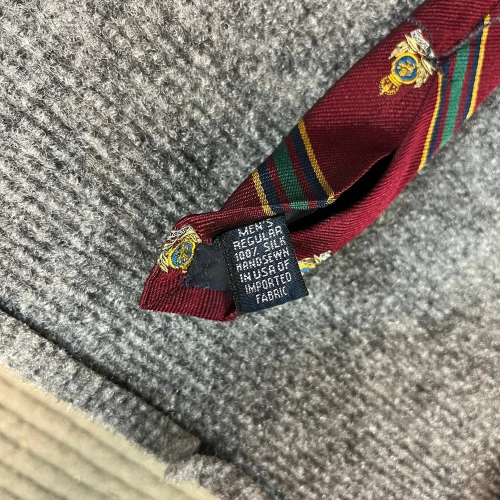 Lands End Mens Silk Necktie Burgundy Crest Repp Stripe Handsewn USA Made